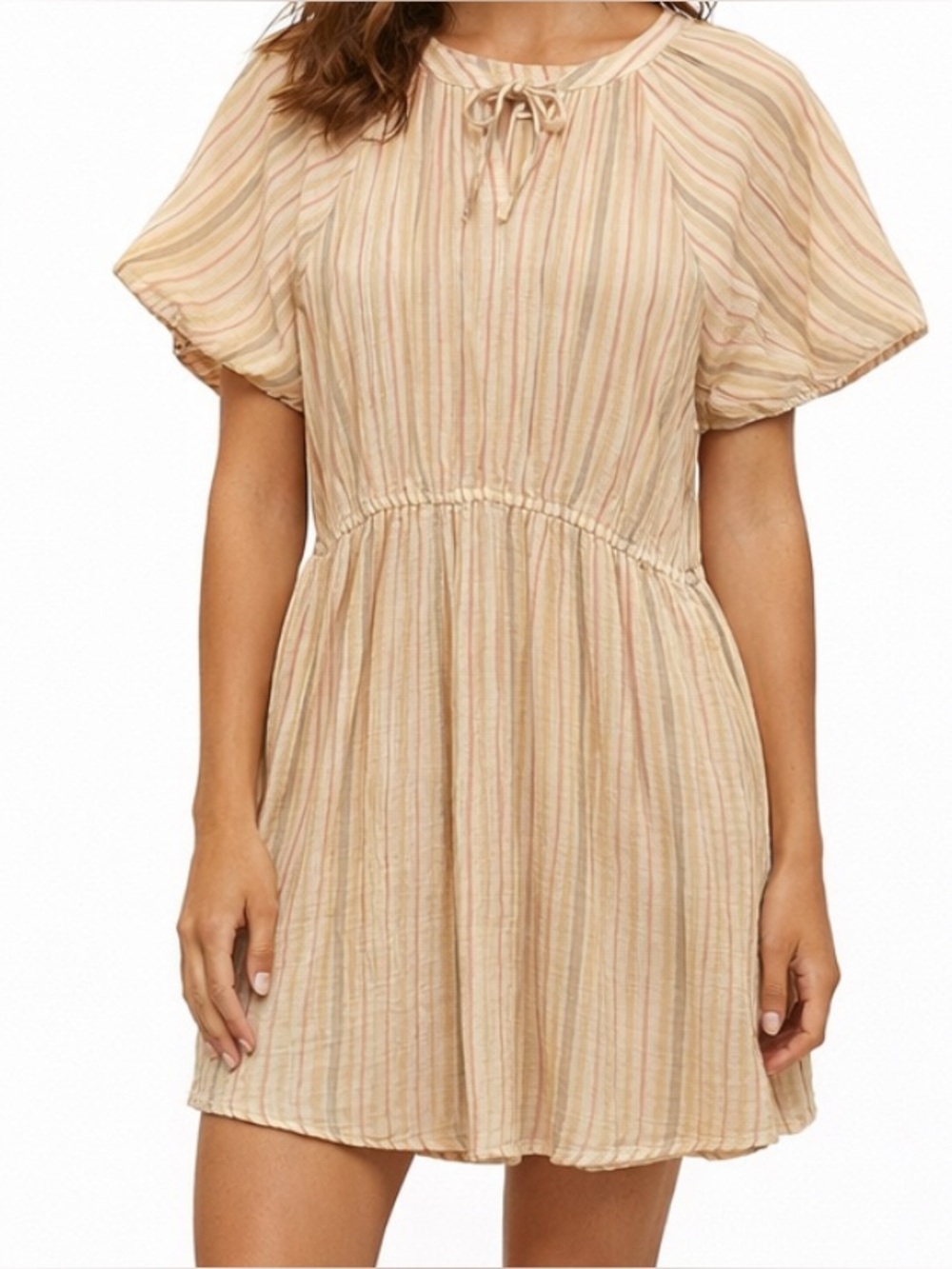 A NEW APPROACH Striped Pastel Yellow Tie Neck Cotton Gauze Mini Dress Size XL